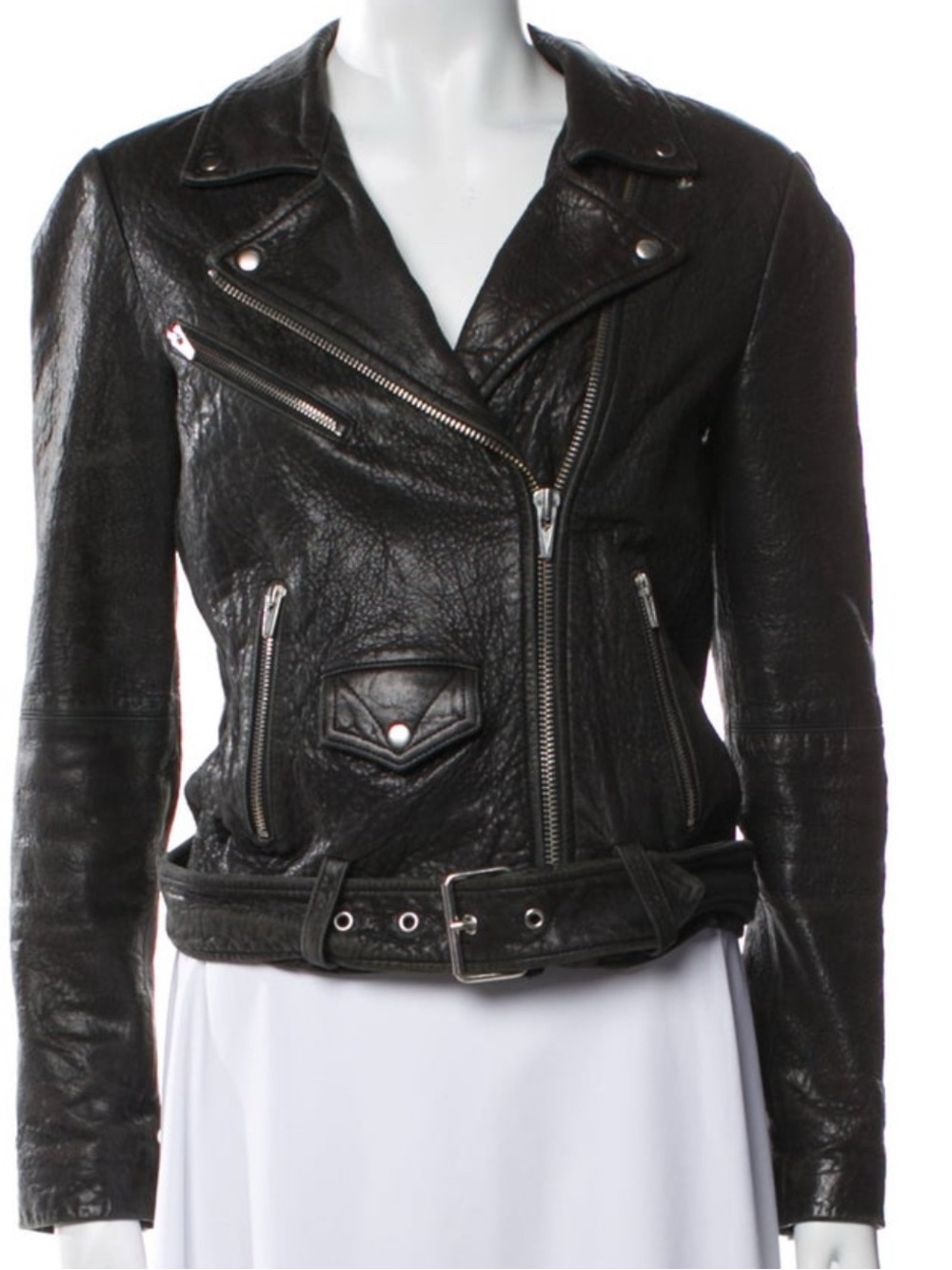 VEDA Black Leather Moto Jacket | Belted Motorcycle Jacket | Size S